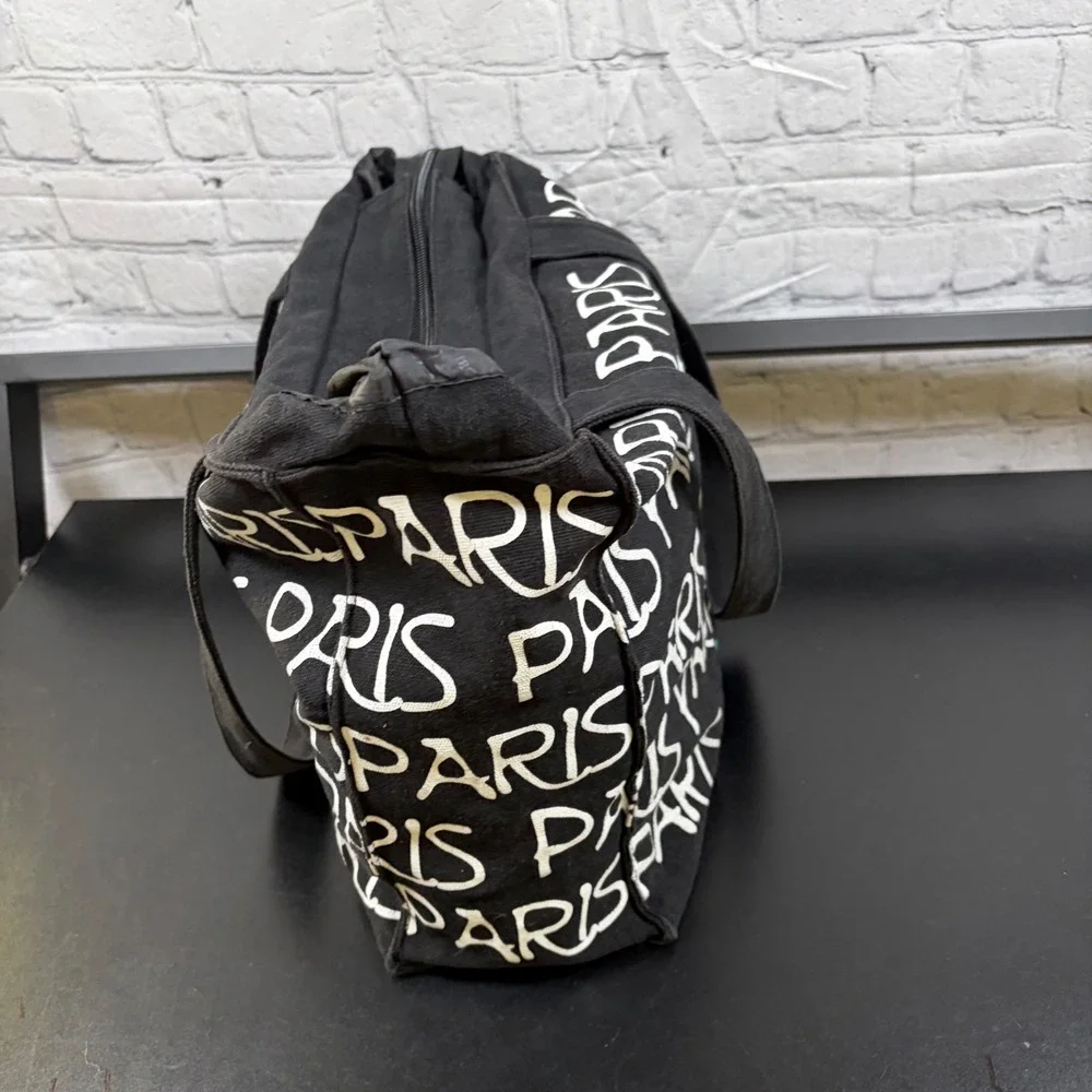 Robin Ruth Paris Canvas Tote Bag Black Script Print Zippered Shoulder Bag Travel
